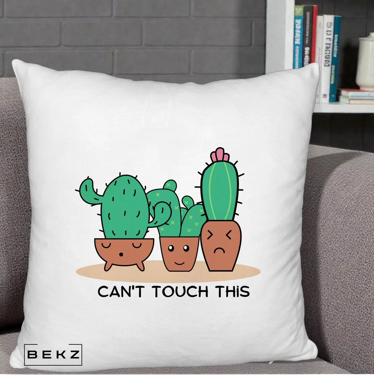 Perna Decorativa Cactus Funny Can't Touch This, 40x40 cm, Alb Pufos, Husa Detasabila, Perna, BEKZ®