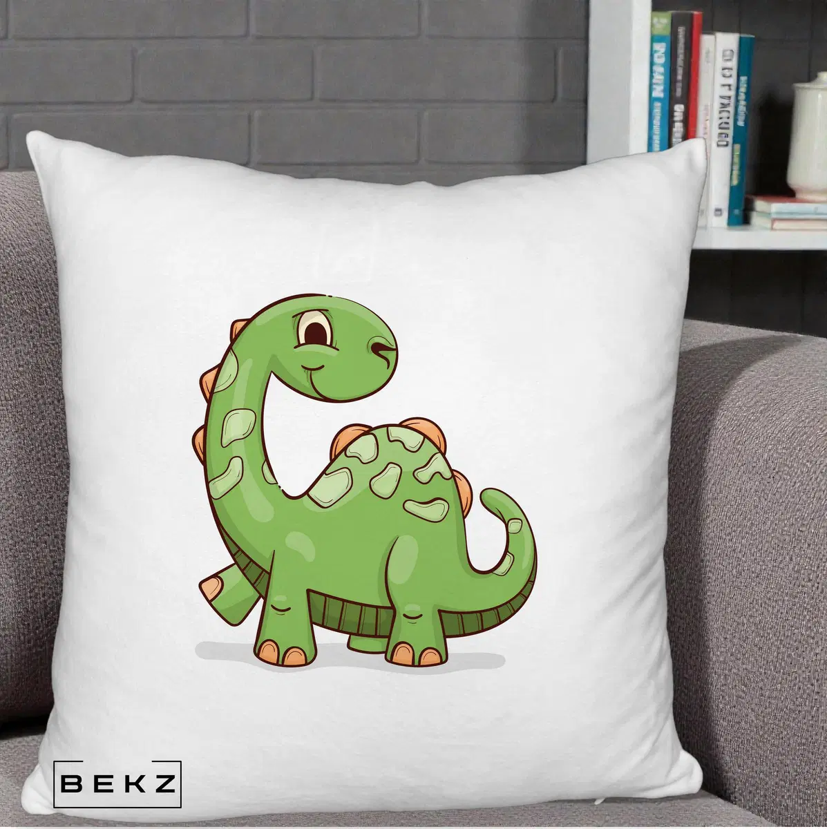Perna Decorativa Brontosaur Verde Simpatic, 40x40 cm, Alb Pufos, Husa Detasabila, Perna, BEKZ®