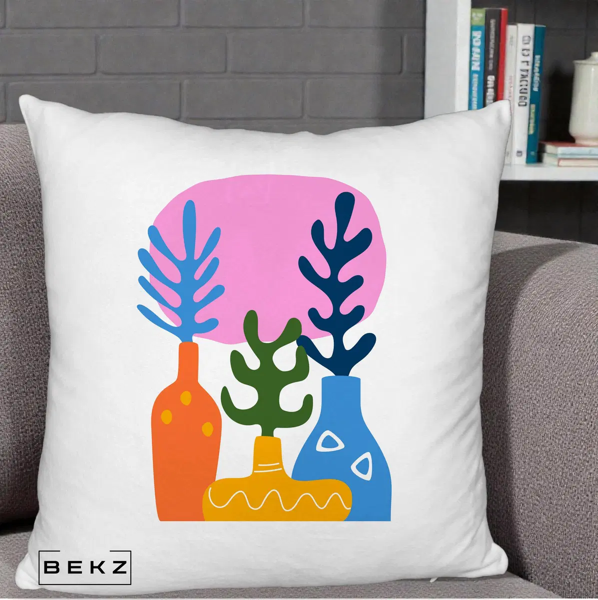 Perna Decorativa Vaze Botanice Abstract, 40x40 cm, Alb Pufos, Husa Detasabila, Perna, BEKZ®