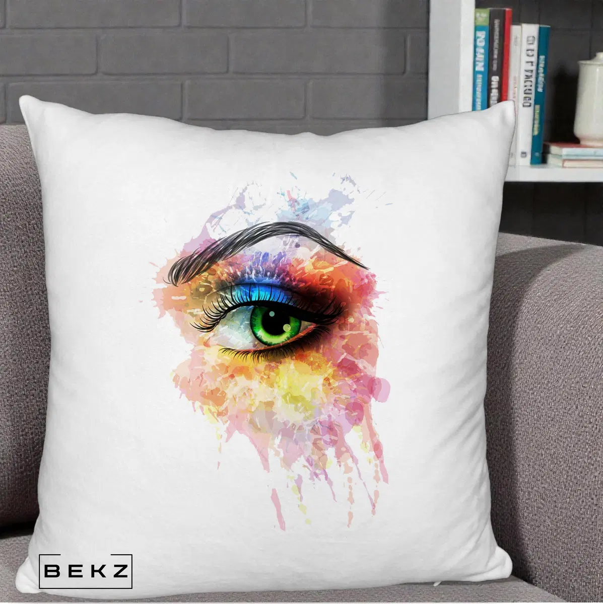 Perna Decorativa Ochi Verde Acuarela, 40x40 cm, Alb Pufos, Husa Detasabila, Perna, BEKZ®