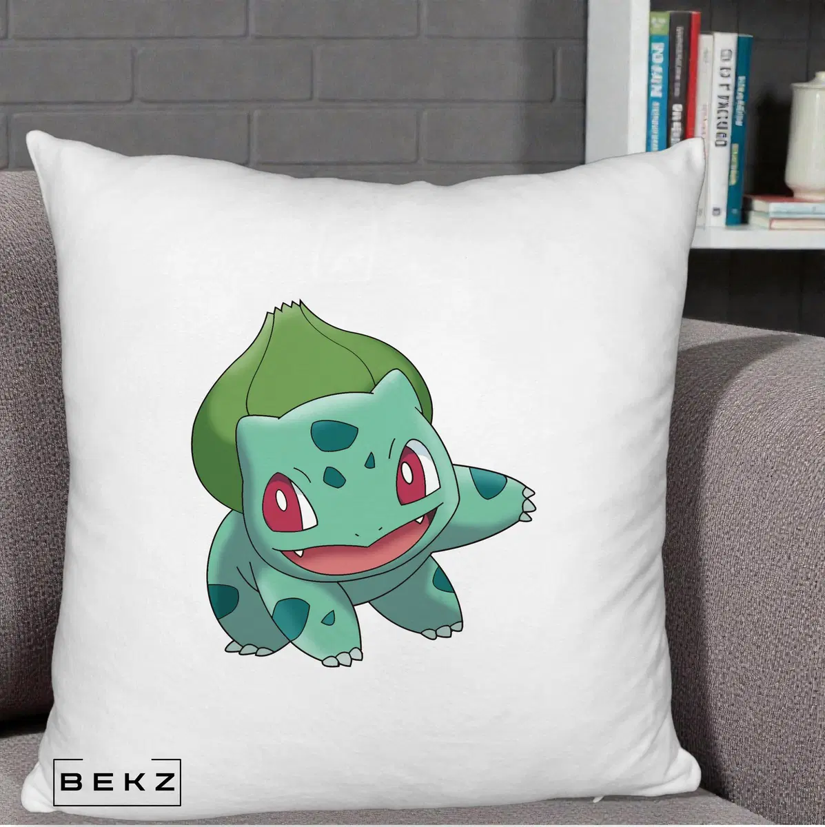 Perna Decorativa Bulbasaur Pokemon, 40x40 cm, Alb Pufos, Husa Detasabila, Perna, BEKZ®
