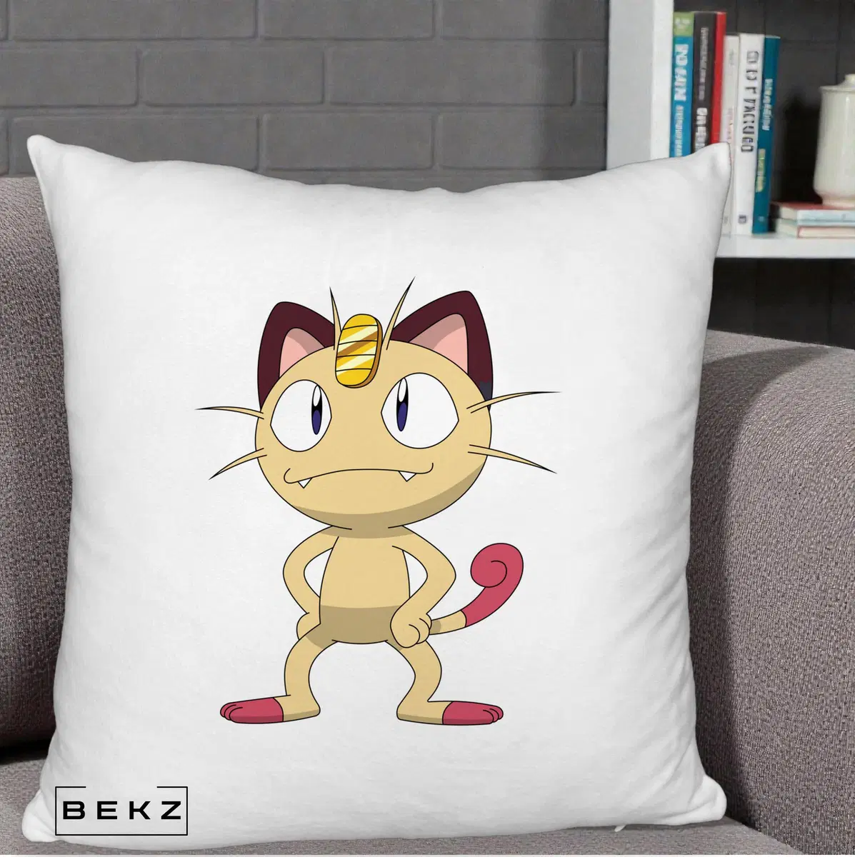 Perna Decorativa Meowth Pokemon, 40x40 cm, Alb Pufos, Husa Detasabila, Perna, BEKZ®