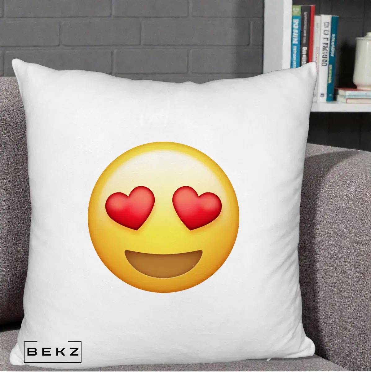 Perna Decorativa Emoji Inimi in Ochi, 40x40 cm, Alb Pufos, Husa Detasabila, Perna, BEKZ®