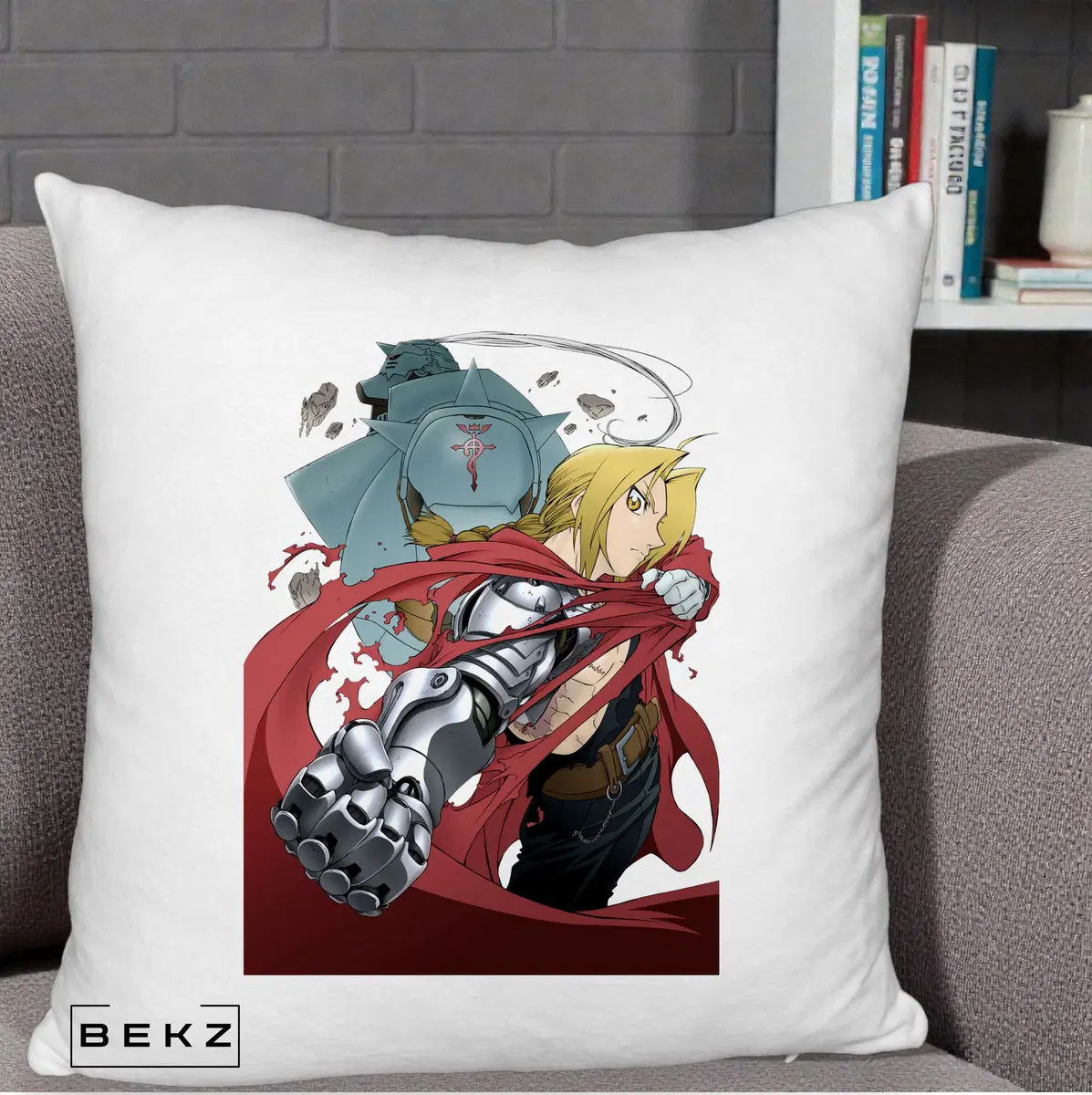 Perna Decorativa Fullmetal Alchemist Brotherhood Edward si Al Poster, 40x40 cm, Alb Pufos, Husa Detasabila, Perna, BEKZ®