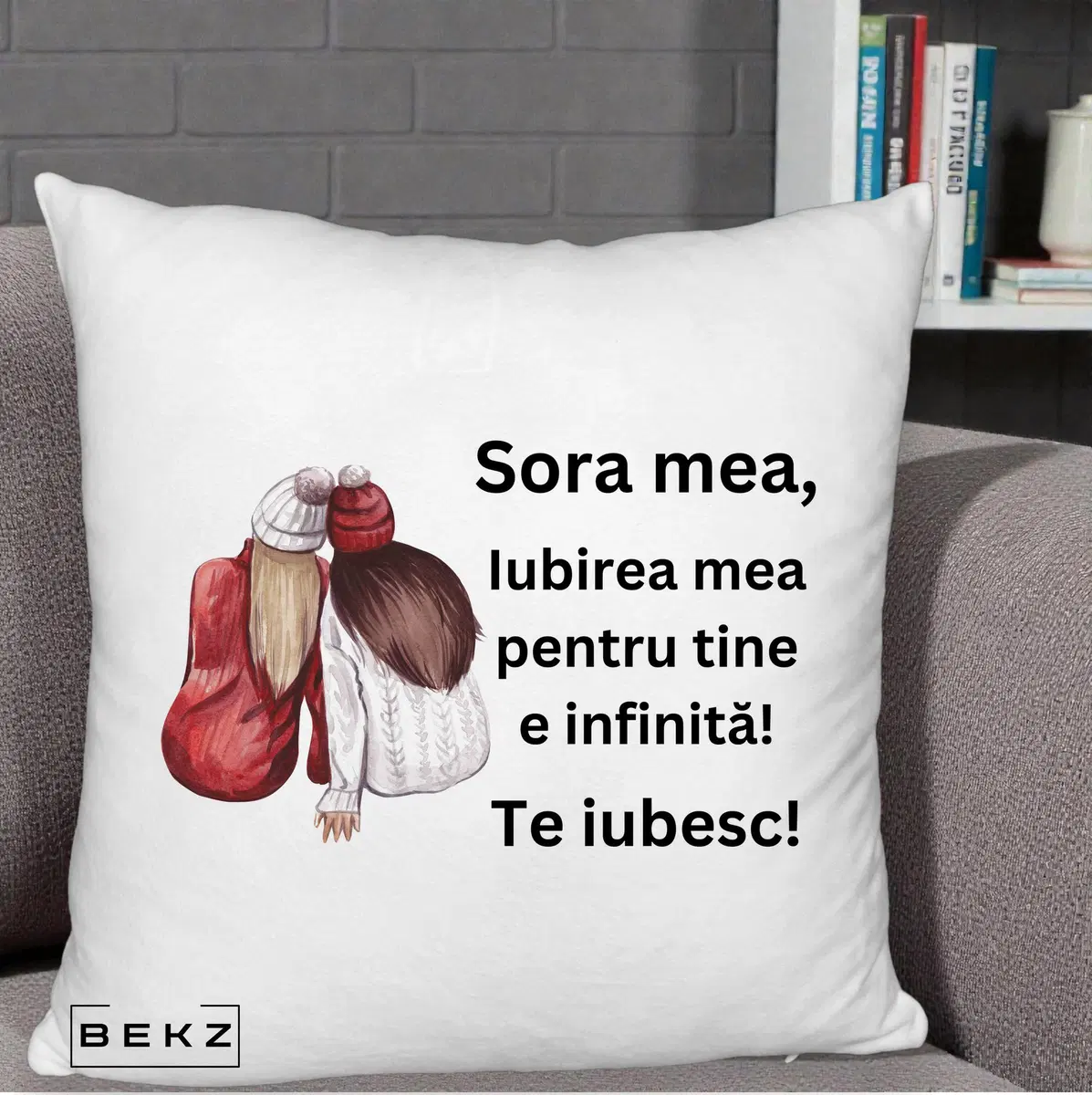 Perna Decorativa Sora Mea Te Iubesc Doua Fete Iarna Acuarela, 40x40 cm, Alb Pufos, Husa Detasabila, Perna, BEKZ®