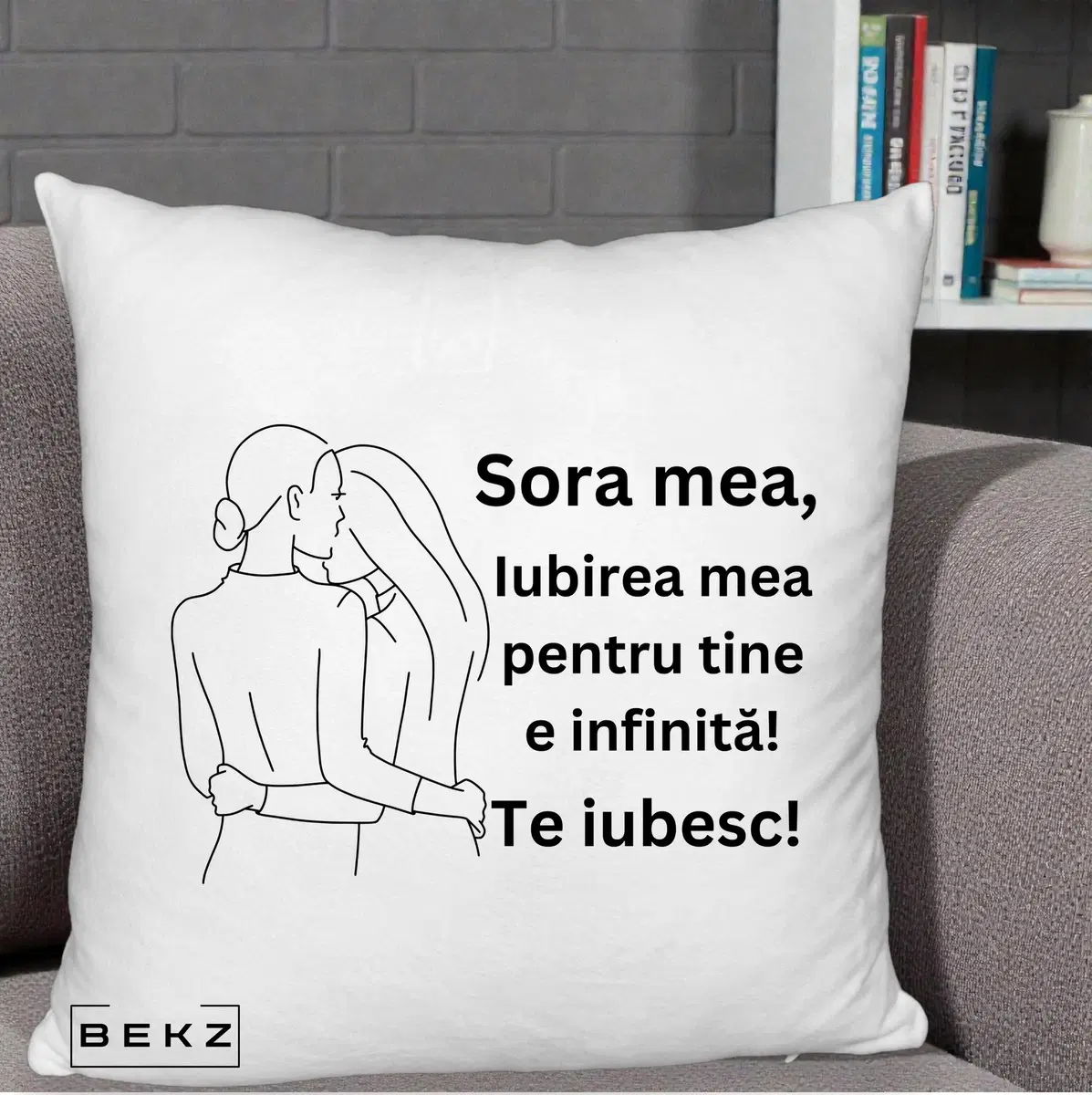 Perna Decorativa Sora Mea Te Iubesc Palarie Umbrela Text Colorat, 40x40 cm, Alb Pufos, Husa Detasabila, Perna, BEKZ®