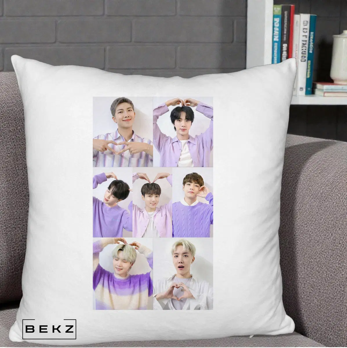 Perna Decorativa BTS Colaj 7 Portrete cu Inimi Lila pe Fond alb pufos, 40x40 cm, Alb Pufos, Husa Detasabila, Perna, BEKZ®