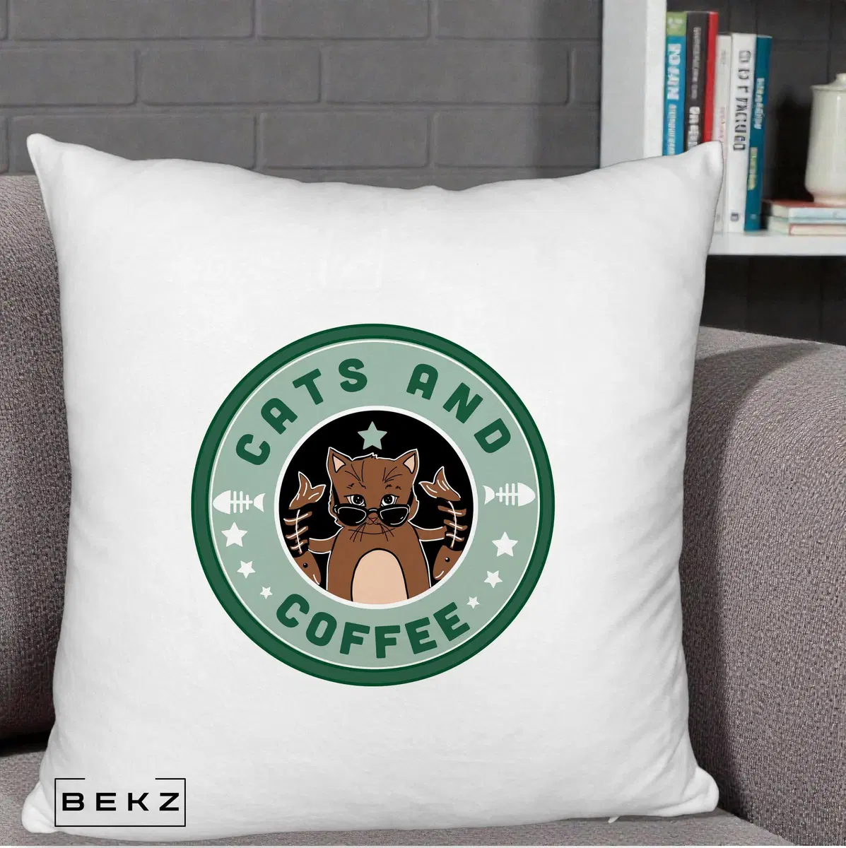 Perna Decorativa Cats and Coffee Starbucks, 40x40 cm, Alb Pufos, Husa Detasabila, Perna, BEKZ®