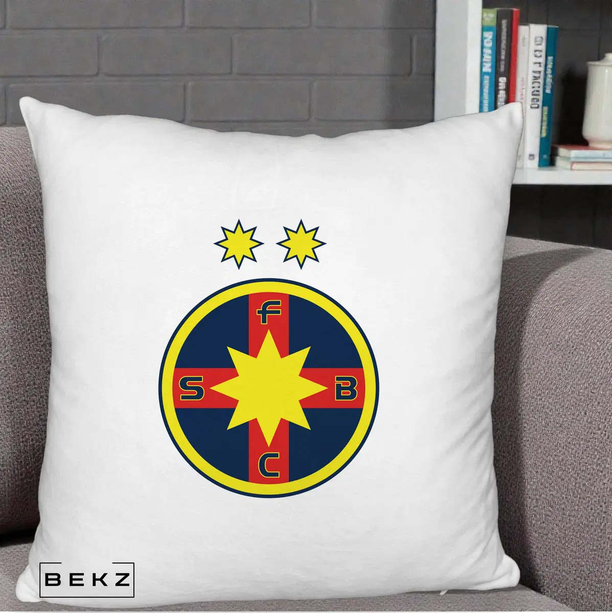 Perna Decorativa FCSB Fotbal Club Steaua Bucuresti, 40x40 cm, Alb Pufos, Husa Detasabila, Perna, BEKZ®