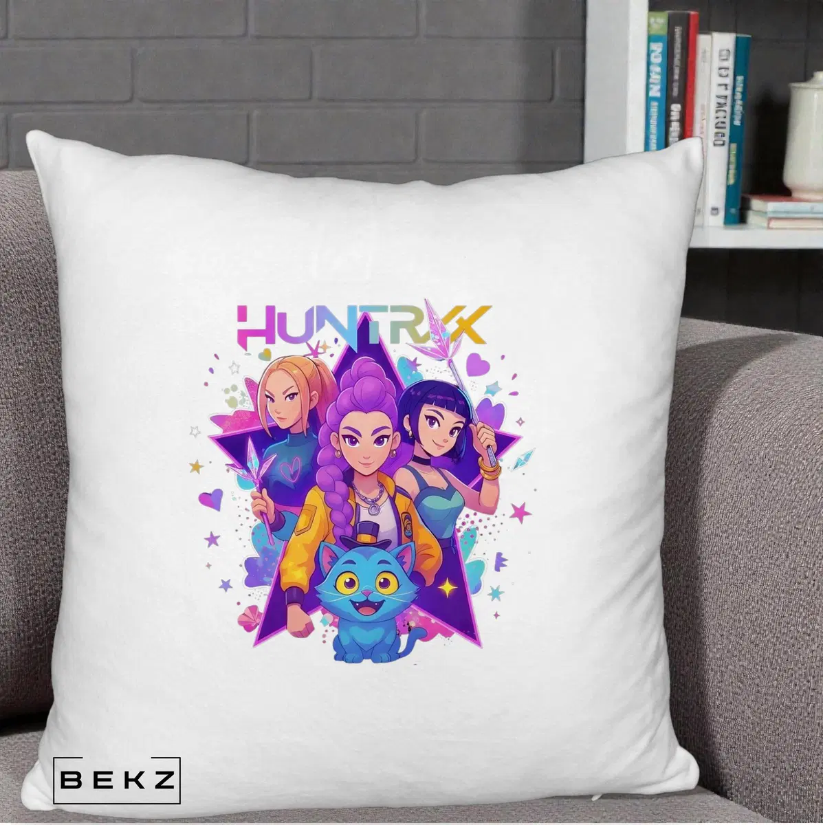 Perna Decorativa HUNTRX Trio cu Pisica Stele, 40x40 cm, Alb Pufos, Husa Detasabila, Perna, BEKZ®