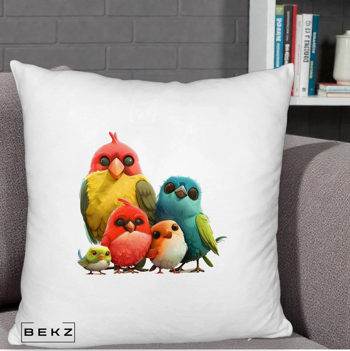 Perna Decorativa Familie de Pasarele Colorate, 40x40 cm, Alb Pufos, Husa Detasabila, Perna, BEKZ®