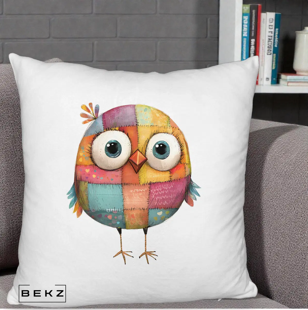 Perna Decorativa Pasare Patchwork Colorata, 40x40 cm, Alb Pufos, Husa Detasabila, Perna, BEKZ®