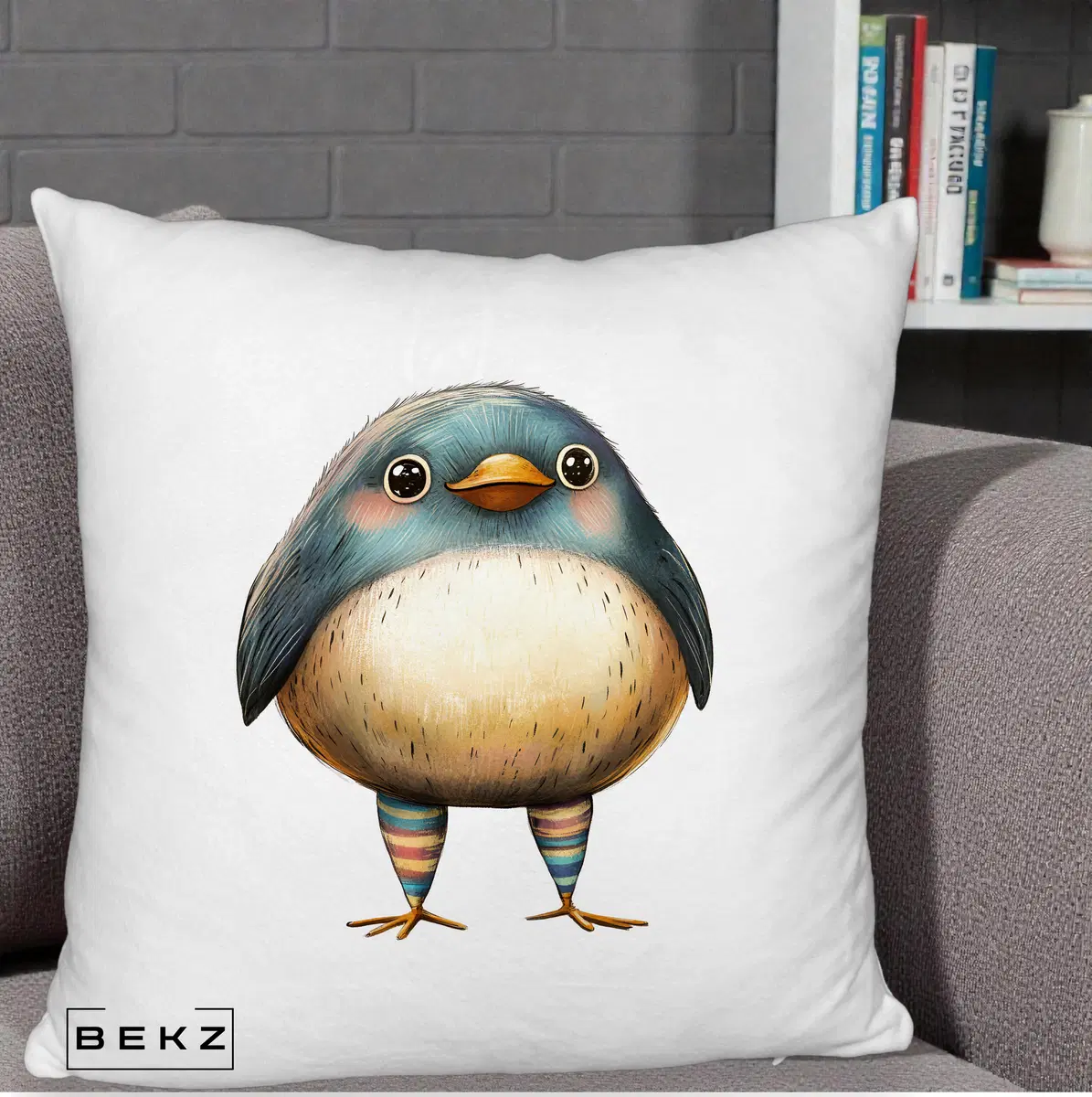 Perna Decorativa Pasare Teal-Bej cu Sosete Curcubeu, 40x40 cm, Alb Pufos, Husa Detasabila, Perna, BEKZ®