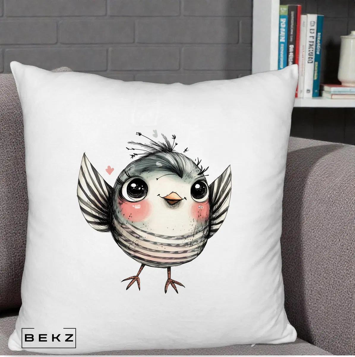 Perna Decorativa Pasare Gri cu Aripi si Inimioare, 40x40 cm, Alb Pufos, Husa Detasabila, Perna, BEKZ®