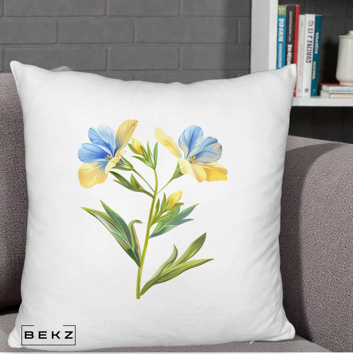 Perna Decorativa Botanica Frezie Galbena si Albastra, 40x40 cm, Alb Pufos, Husa Detasabila, Perna, BEKZ®