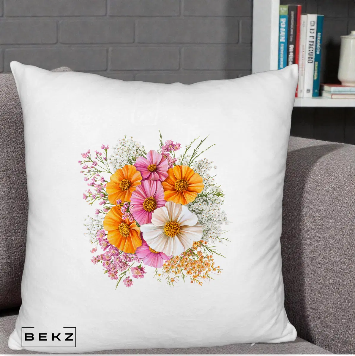 Perna Decorativa Buchet Cosmos Portocaliu Roz si Alb, 40x40 cm, Alb Pufos, Husa Detasabila, Perna, BEKZ®