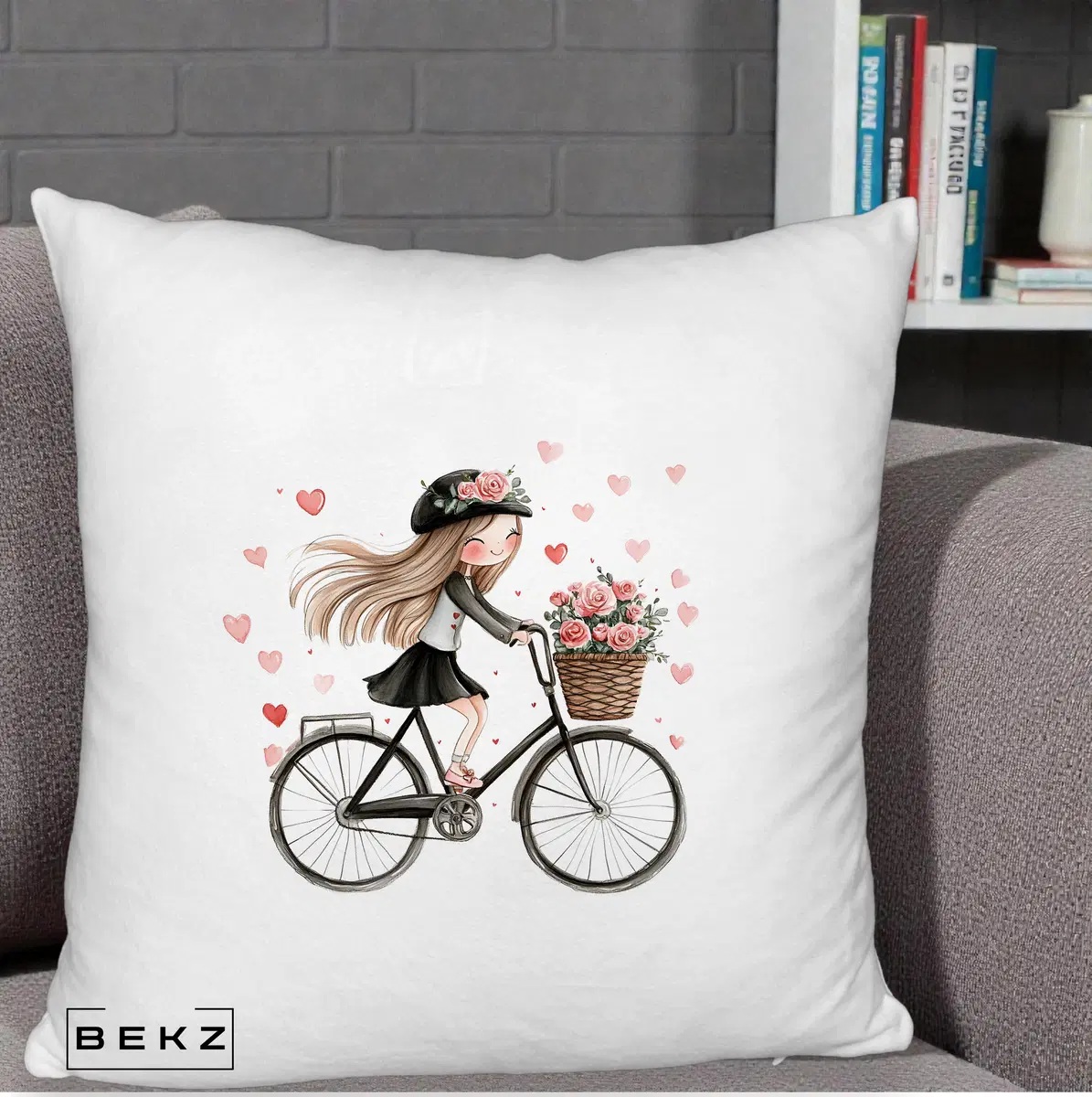 Perna Decorativa Fetita Kawaii pe Bicicleta cu Trandafiri si Inimioare, 40x40 cm, Alb Pufos, Husa Detasabila, Perna, BEKZ®