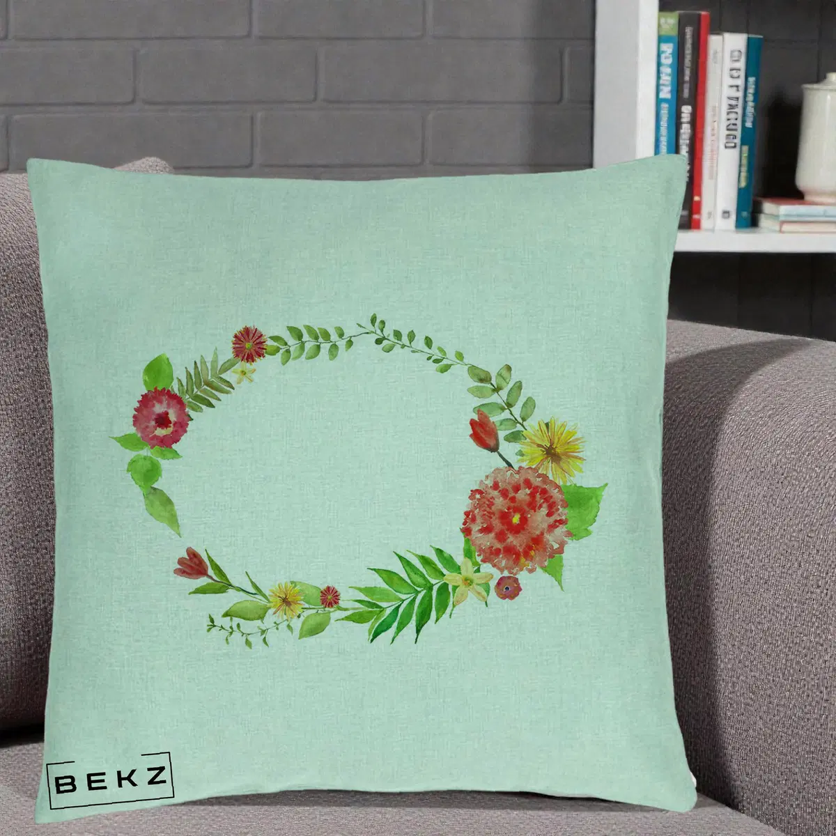 Perna Decorativa Coroana Florala Acuarela, 40x40 cm, Verde Menta, Husa Detasabila, Perna, BEKZ®