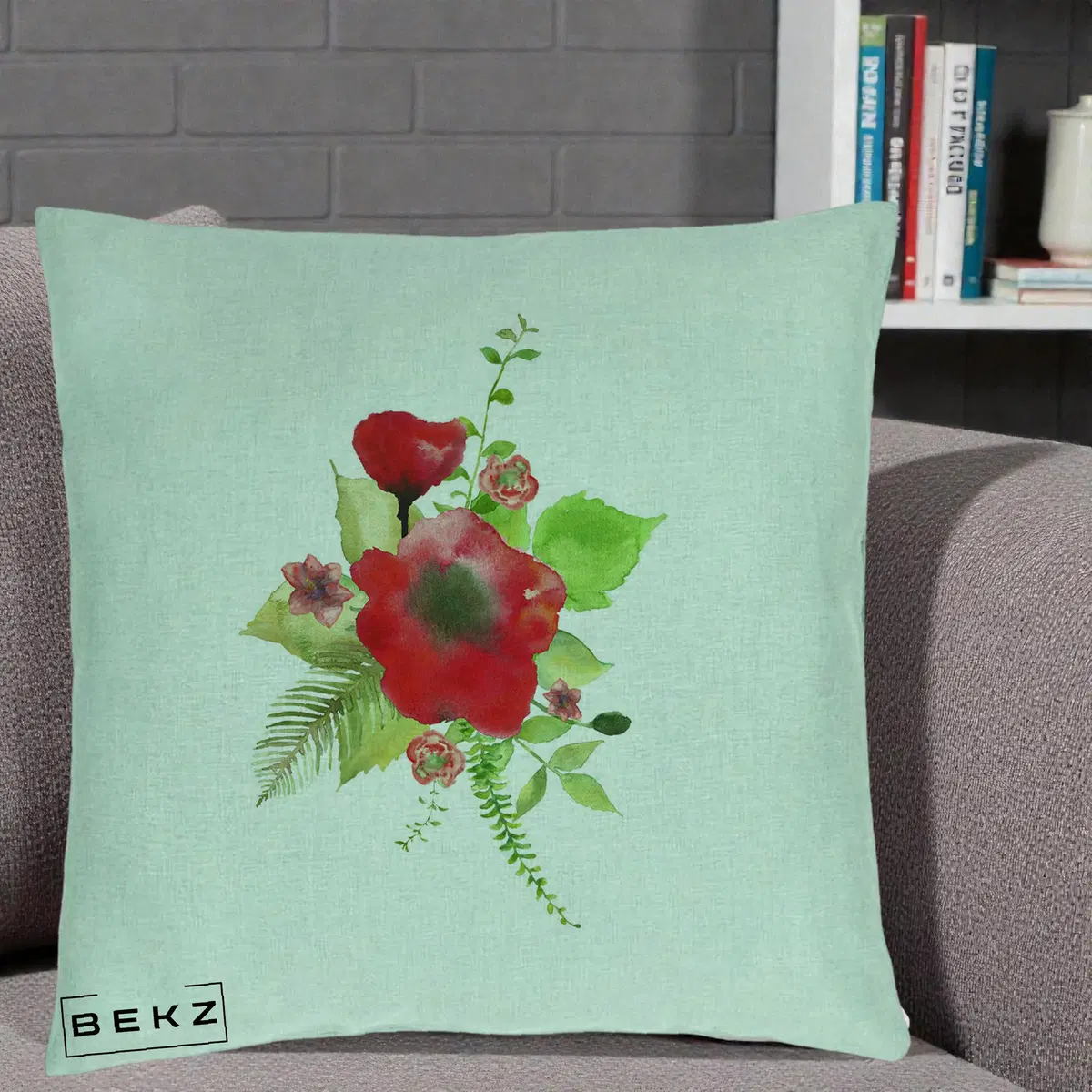 Perna Decorativa Buchet Rosu Acuarela, 40x40 cm, Verde Menta, Husa Detasabila, Perna, BEKZ®