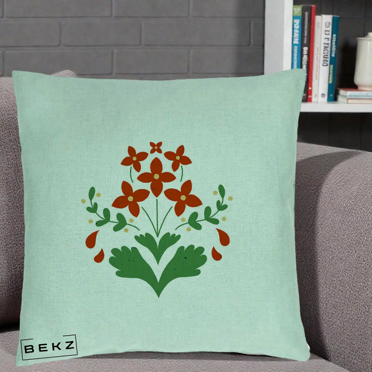 Perna Decorativa Buchet Floral Folk Rosu-Verde, 40x40 cm, Verde Menta, Husa Detasabila, Perna, BEKZ®