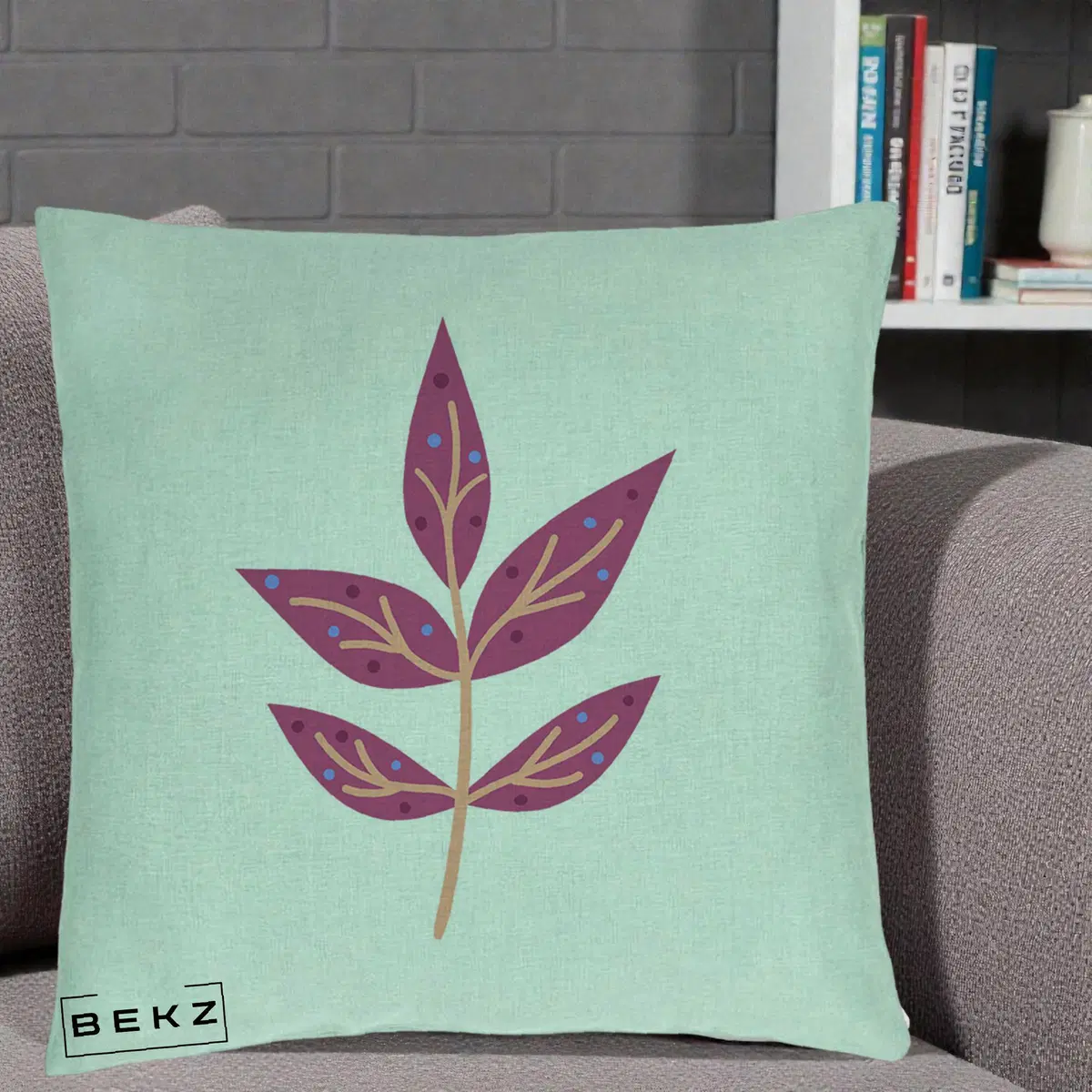 Perna Decorativa Ramura Botanica Mov, 40x40 cm, Verde Menta, Husa Detasabila, Perna, BEKZ®