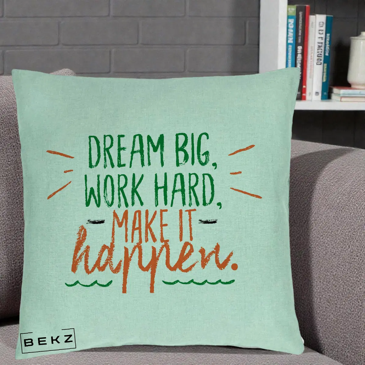 Perna Decorativa Dream Big Work Hard Mesaj Motivational, 40x40 cm, Verde Menta, Husa Detasabila, Perna, BEKZ®