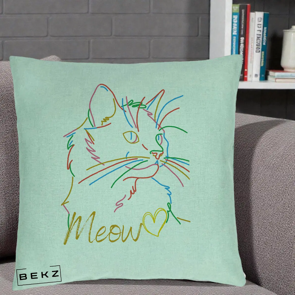 Perna Decorativa Pisica Meow Arta Linie Colorata, 40x40 cm, Verde Menta, Husa Detasabila, Perna, BEKZ®