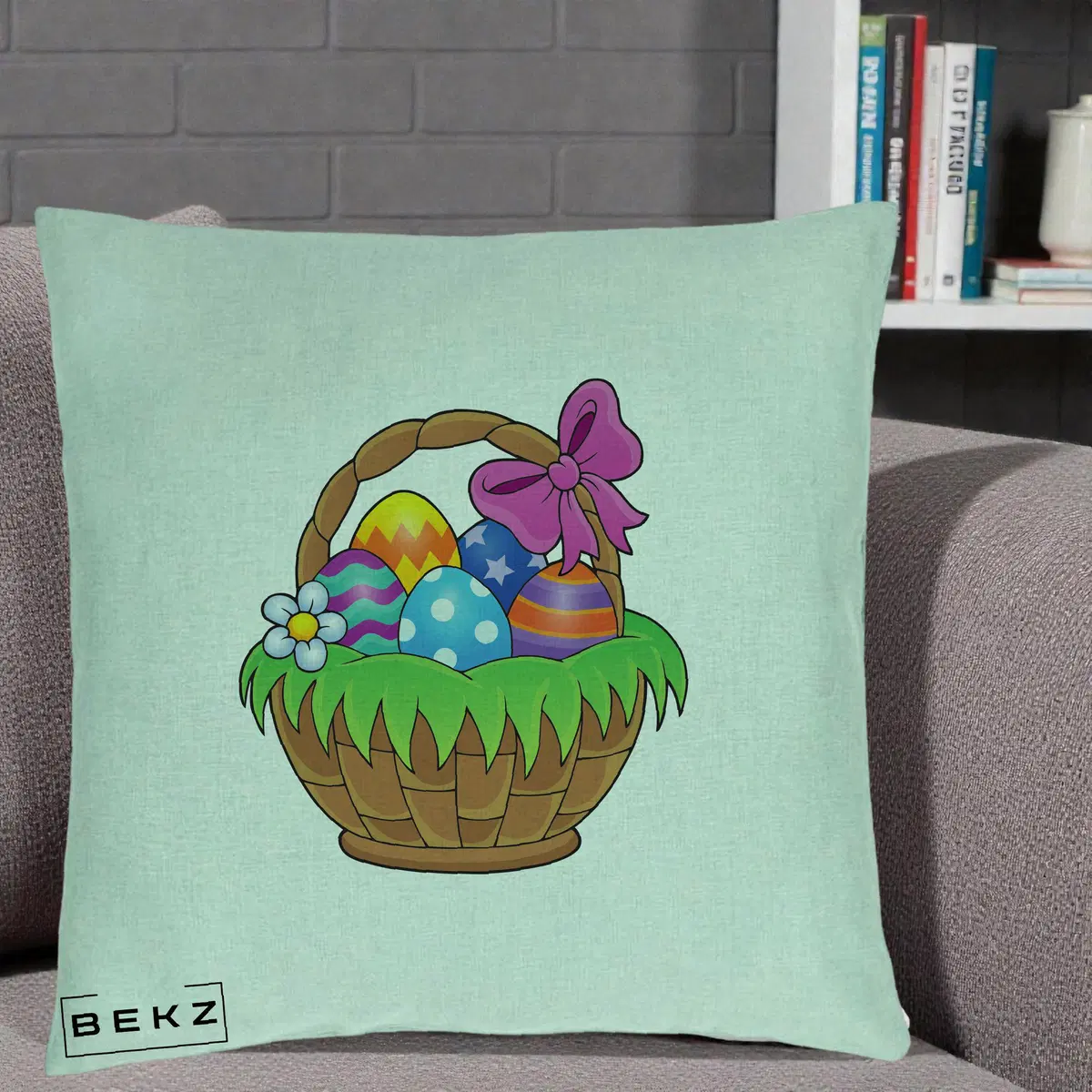 Perna Decorativa Cos cu Oua de Pasti Colorat, 40x40 cm, Verde Menta, Husa Detasabila, Perna, BEKZ®