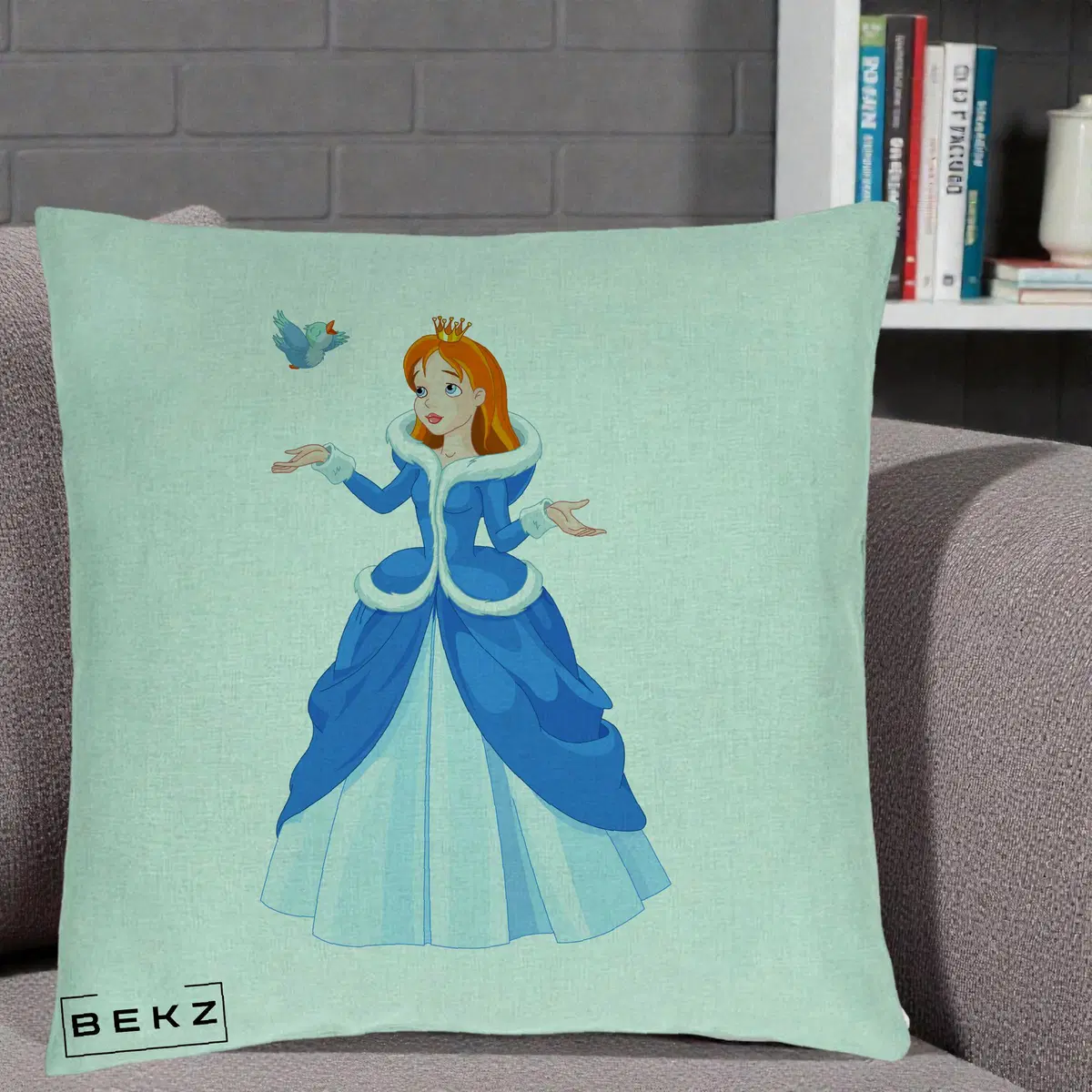 Perna Decorativa Printesa Albastra cu Pasare, 40x40 cm, Verde Menta, Husa Detasabila, Perna, BEKZ®