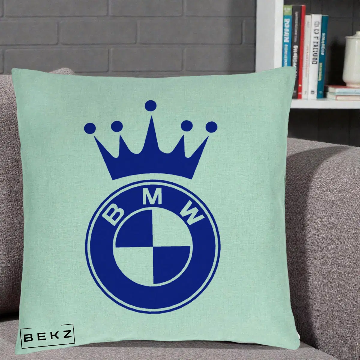 Perna Decorativa BMW Logo Coroana Regala, 40x40 cm, Verde Menta, Husa Detasabila, Perna, BEKZ®