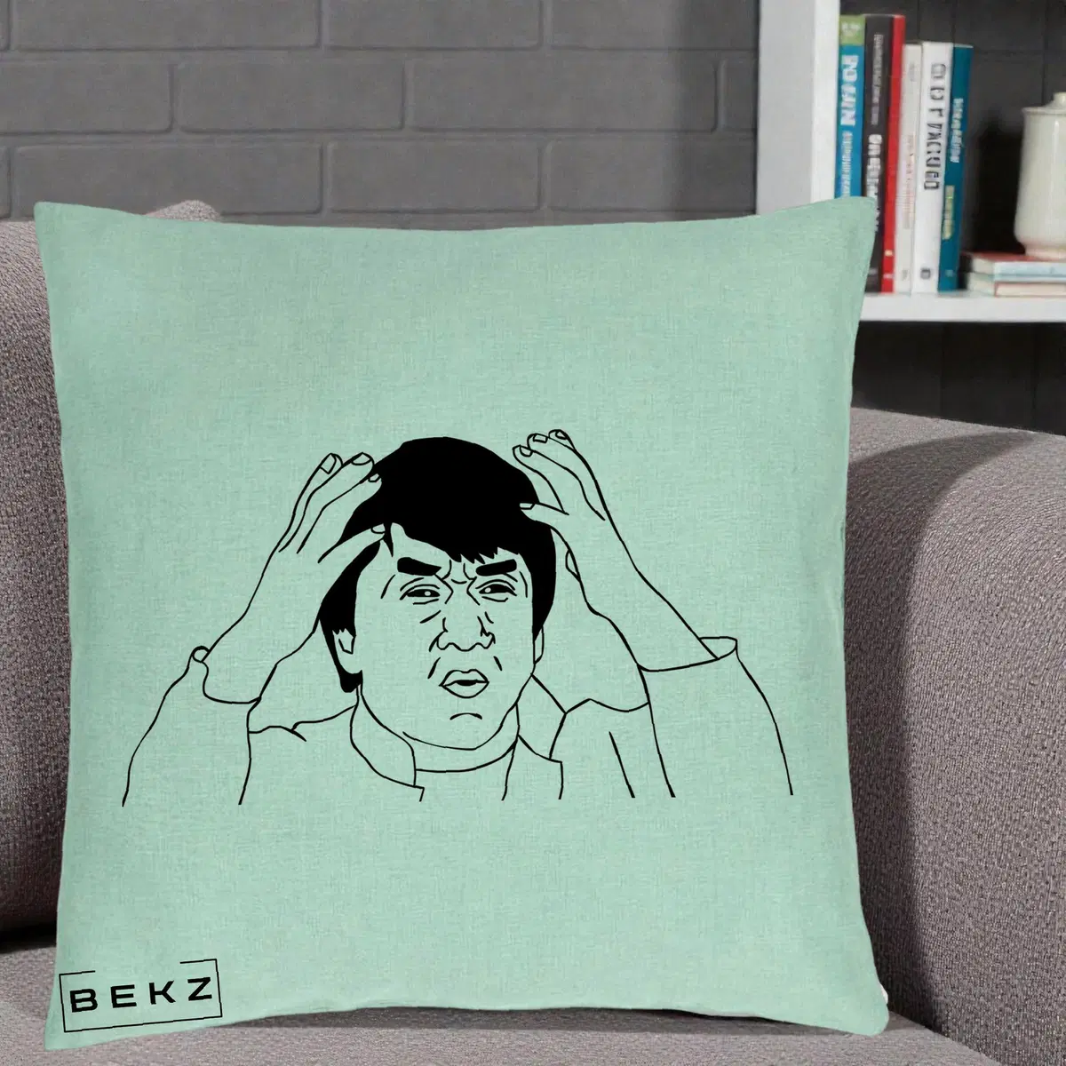 Perna Decorativa Jackie Chan WTF, 40x40 cm, Verde Menta, Husa Detasabila, Perna, BEKZ®