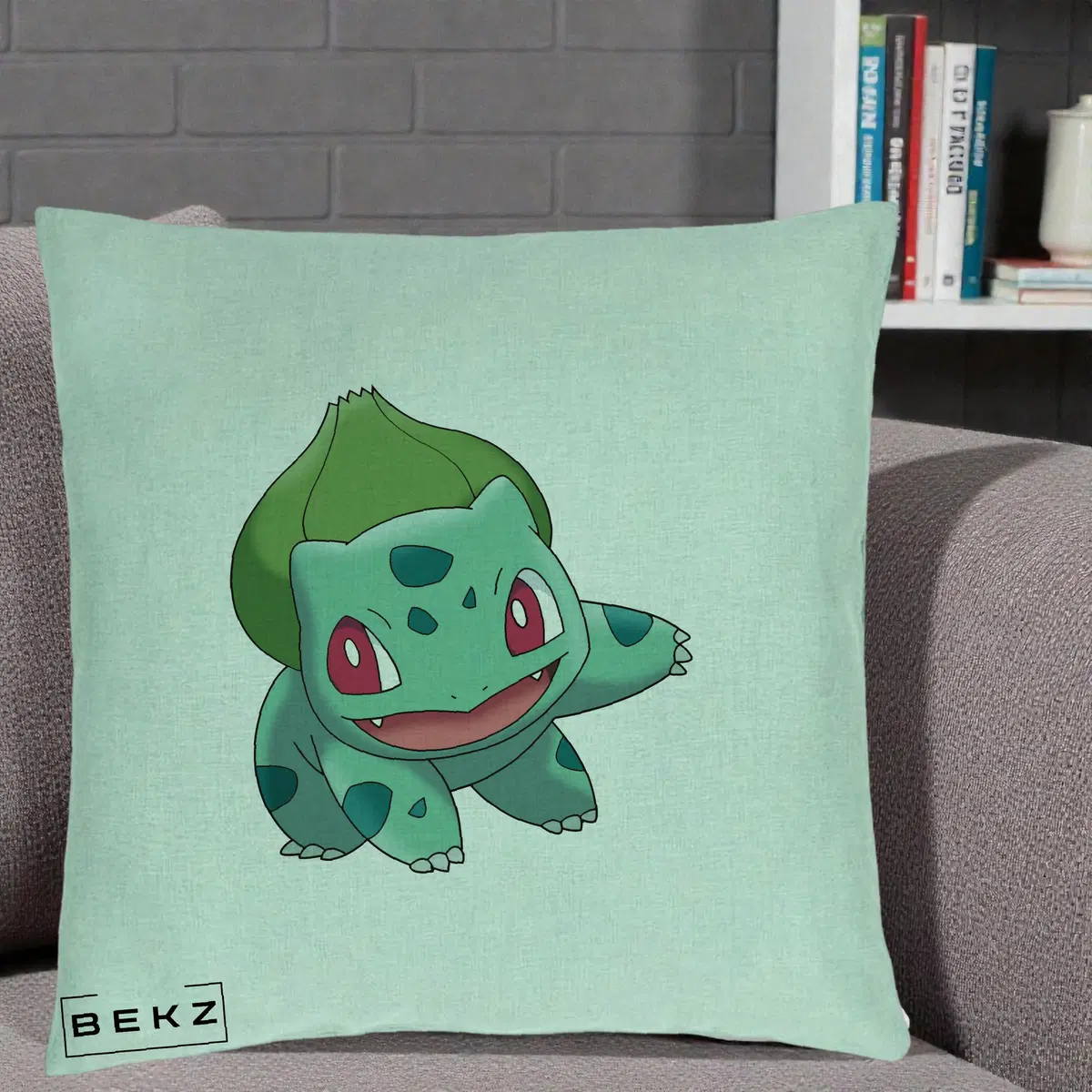 Perna Decorativa Bulbasaur Pokemon, 40x40 cm, Verde Menta, Husa Detasabila, Perna, BEKZ®