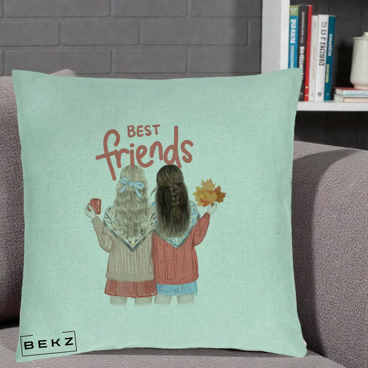 Perna Decorativa Best Friends Toamna, 40x40 cm, Verde Menta, Husa Detasabila, Perna, BEKZ®