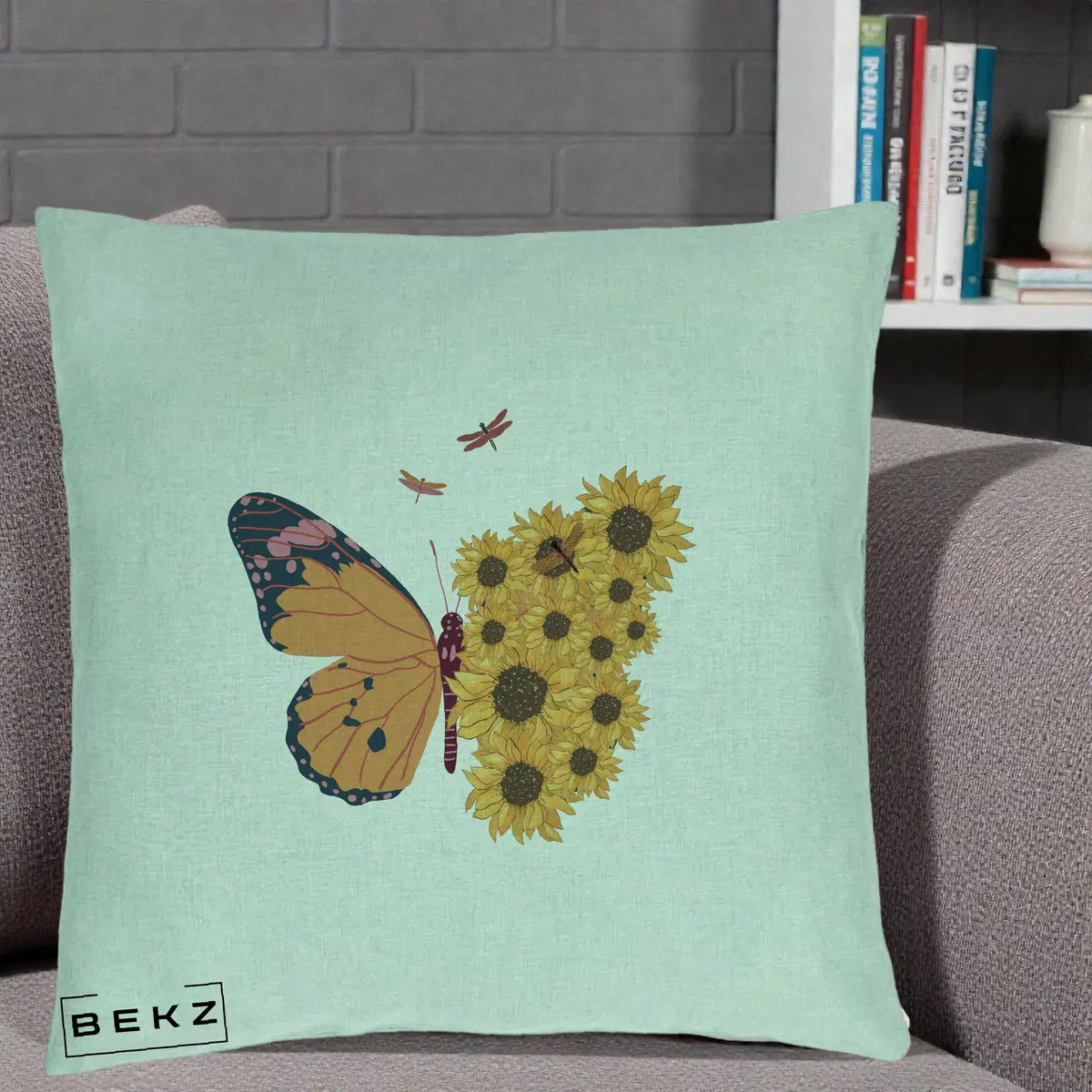 Perna Decorativa Fluture Floarea-Soarelui, 40x40 cm, Verde Menta, Husa Detasabila, Perna, BEKZ®