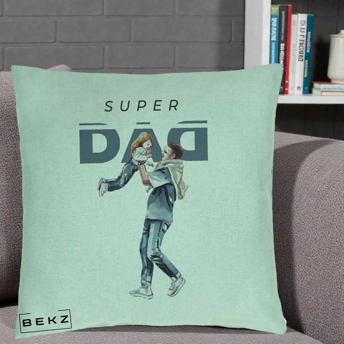 Perna Decorativa Super DAD Tata si Fiica, 40x40 cm, Verde Menta, Husa Detasabila, Perna, BEKZ®
