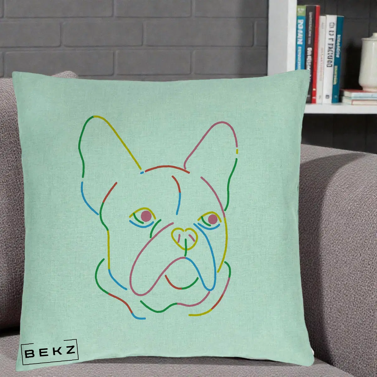 Perna Decorativa Bulldog Francez Line Art Curcubeu, 40x40 cm, Verde Menta, Husa Detasabila, Perna, BEKZ®