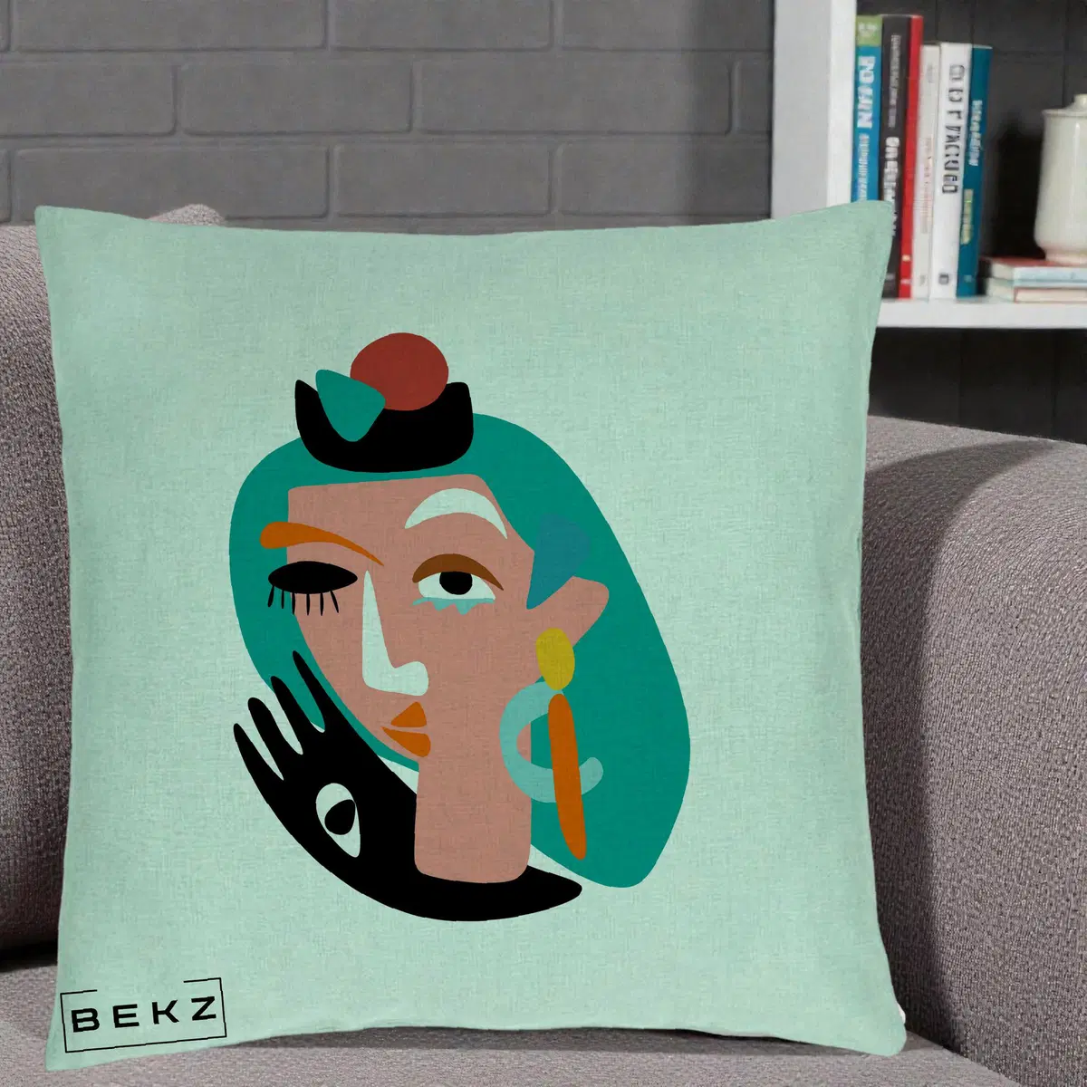 Perna Decorativa Portret Abstract Matisse Turcoaz, 40x40 cm, Verde Menta, Husa Detasabila, Perna, BEKZ®