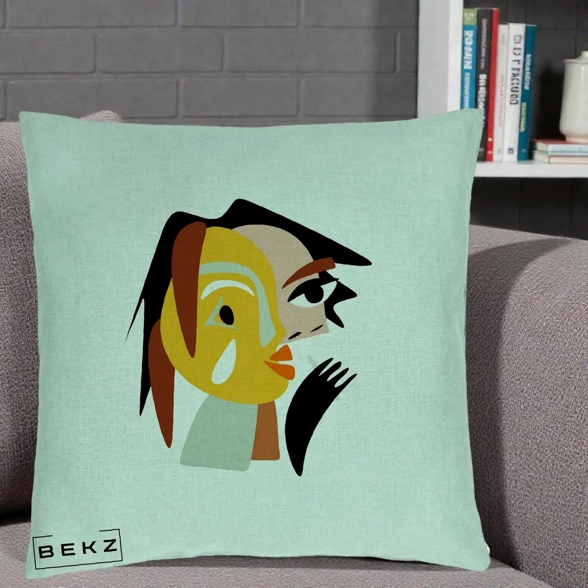 Perna Decorativa Portret Abstract Galben-Ocru, 40x40 cm, Verde Menta, Husa Detasabila, Perna, BEKZ®