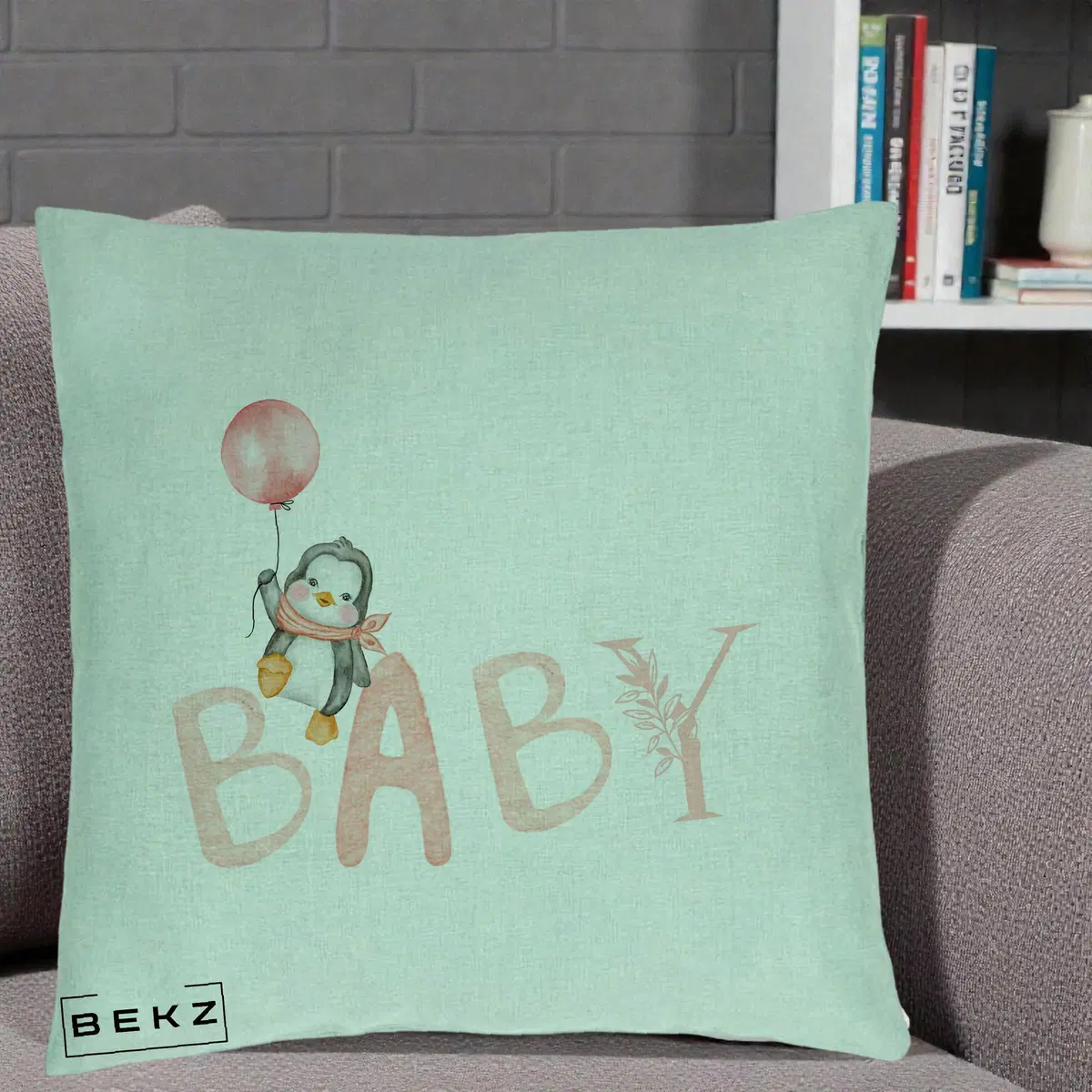Perna Decorativa Baby Pinguin Roz, 40x40 cm, Verde Menta, Husa Detasabila, Perna, BEKZ®