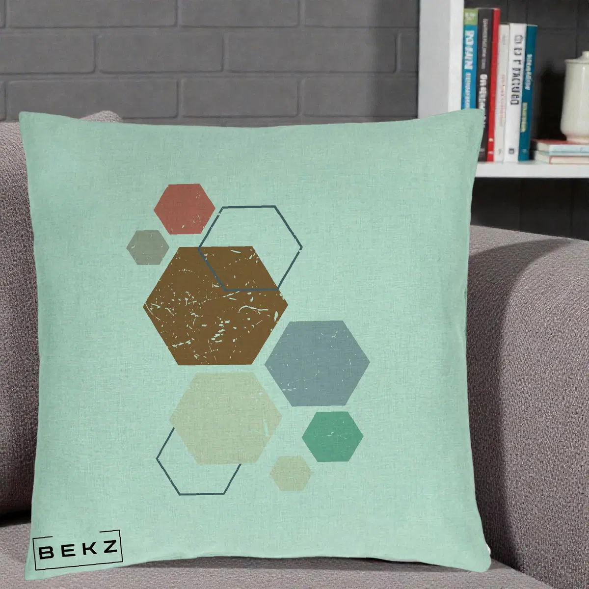 Perna Decorativa Geometric Hexagoane Multicolor, 40x40 cm, Verde Menta, Husa Detasabila, Perna, BEKZ®