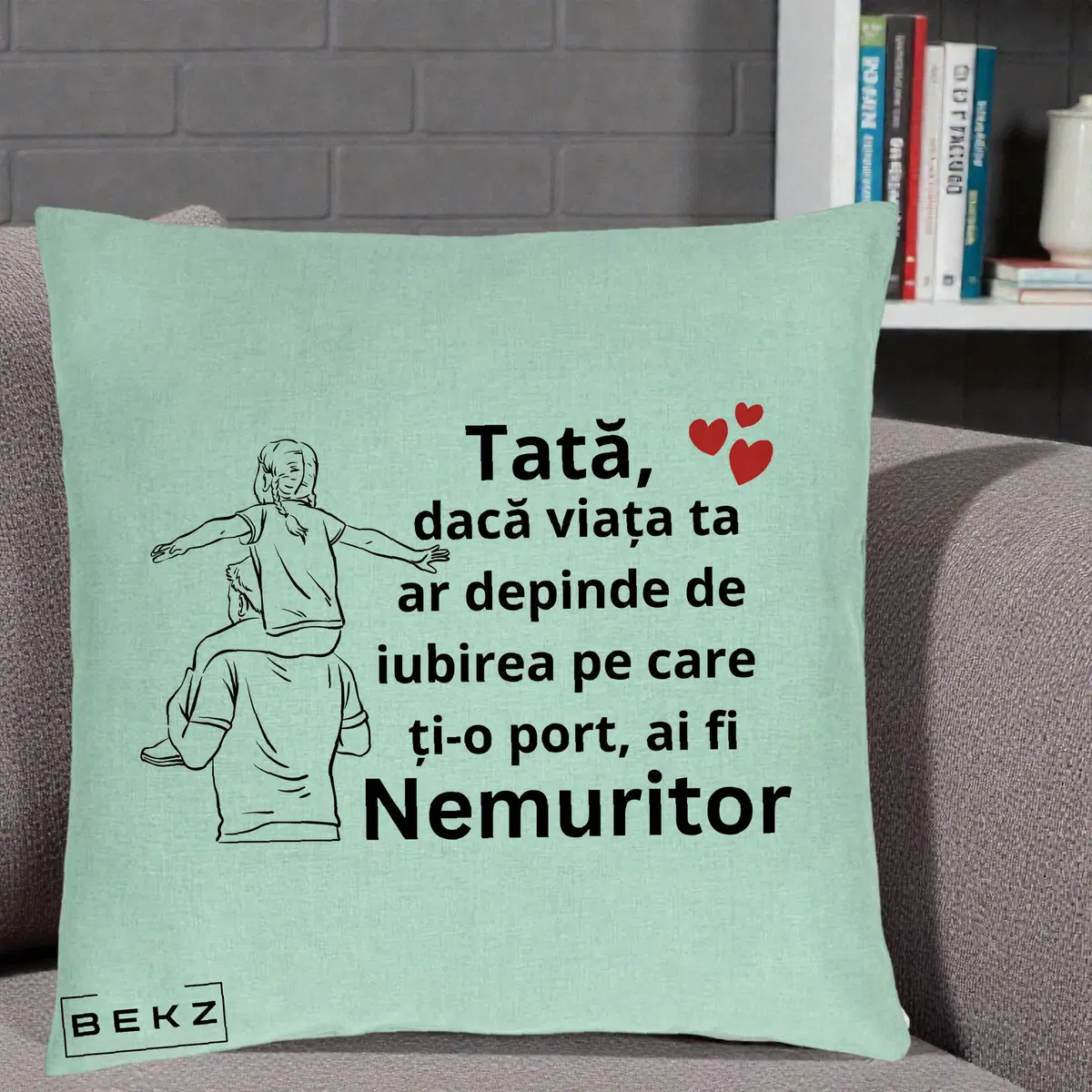 Perna Decorativa Tata Supererou Nemuritor, 40x40 cm, Verde Menta, Husa Detasabila, Perna, BEKZ®