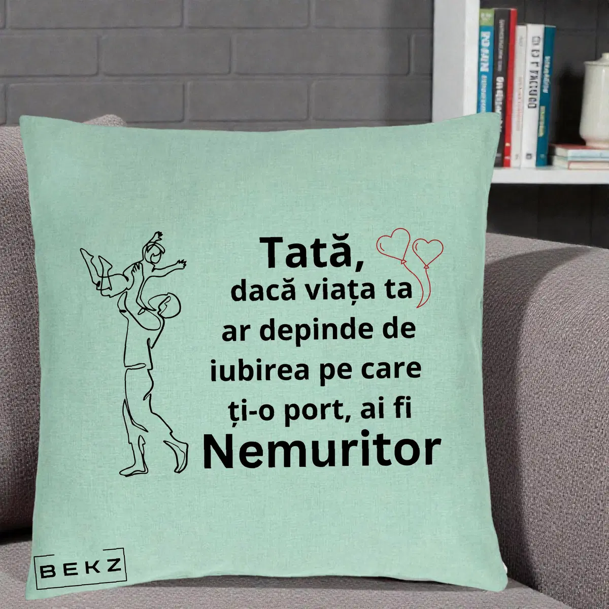 Perna Decorativa Tata Supererou Nemuritor Rosu, 40x40 cm, Verde Menta, Husa Detasabila, Perna, BEKZ®