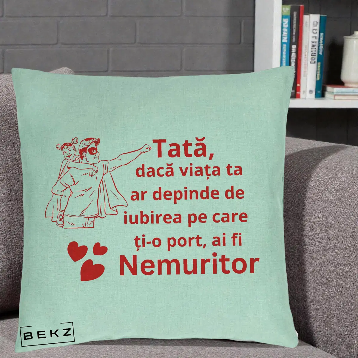 Perna Decorativa Mama Nemuritoare cu Fetita, 40x40 cm, Verde Menta, Husa Detasabila, Perna, BEKZ®