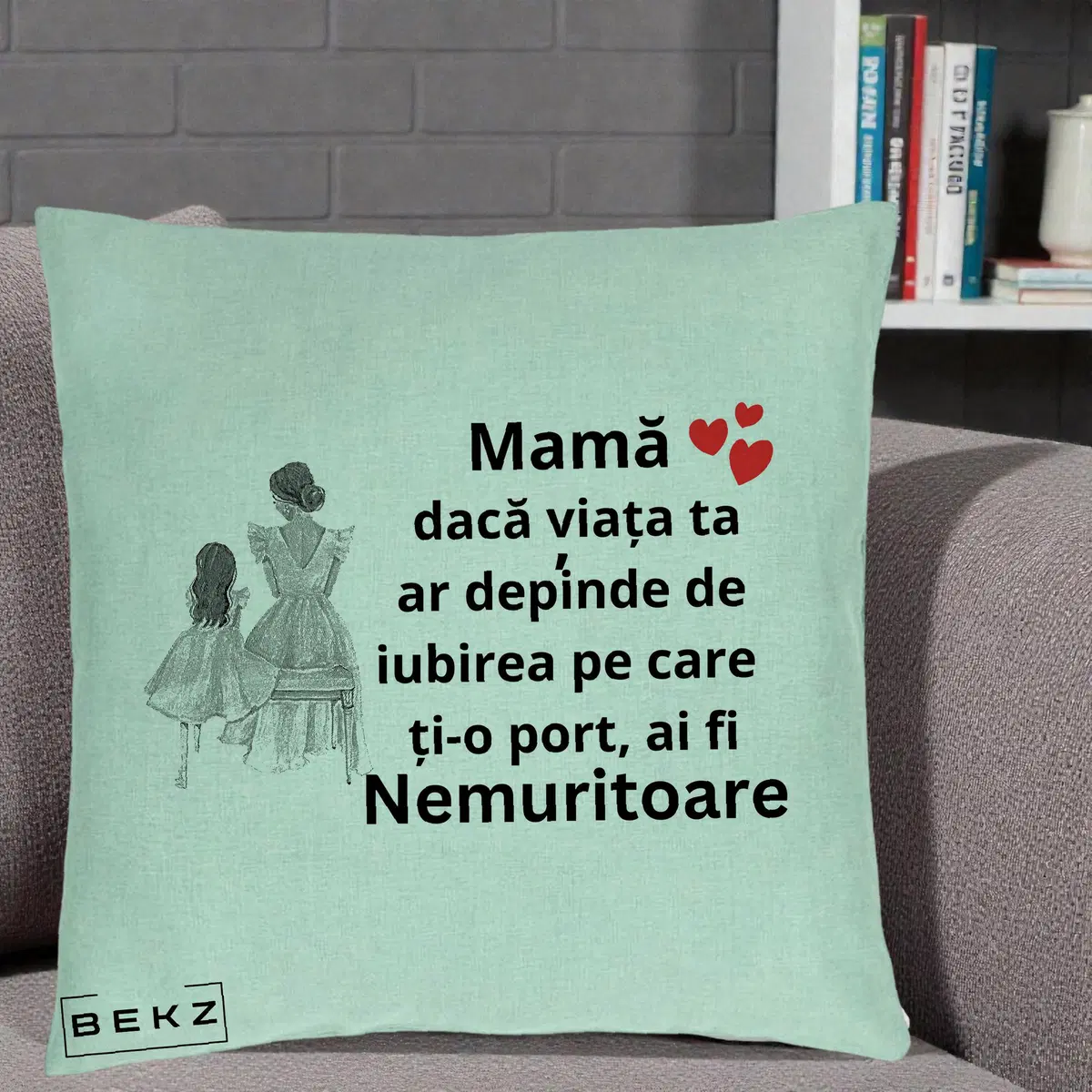 Perna Decorativa Mama Nemuritoare Line Art, 40x40 cm, Verde Menta, Husa Detasabila, Perna, BEKZ®