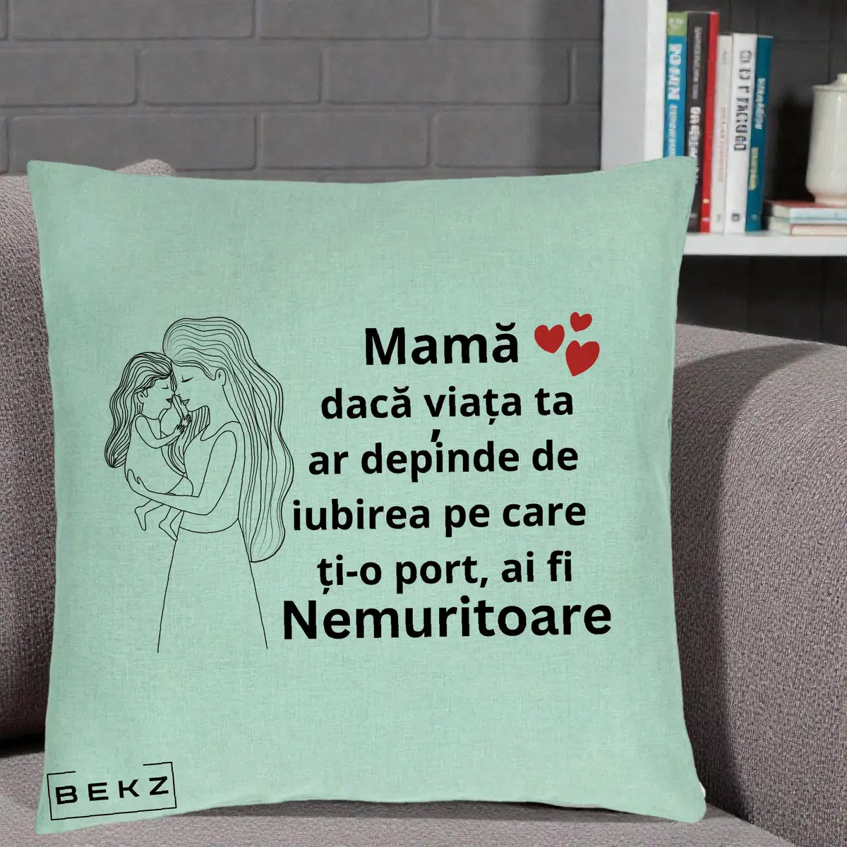 Perna Decorativa Mama Nemuritoare cu Copilul in Poala, 40x40 cm, Verde Menta, Husa Detasabila, Perna, BEKZ®