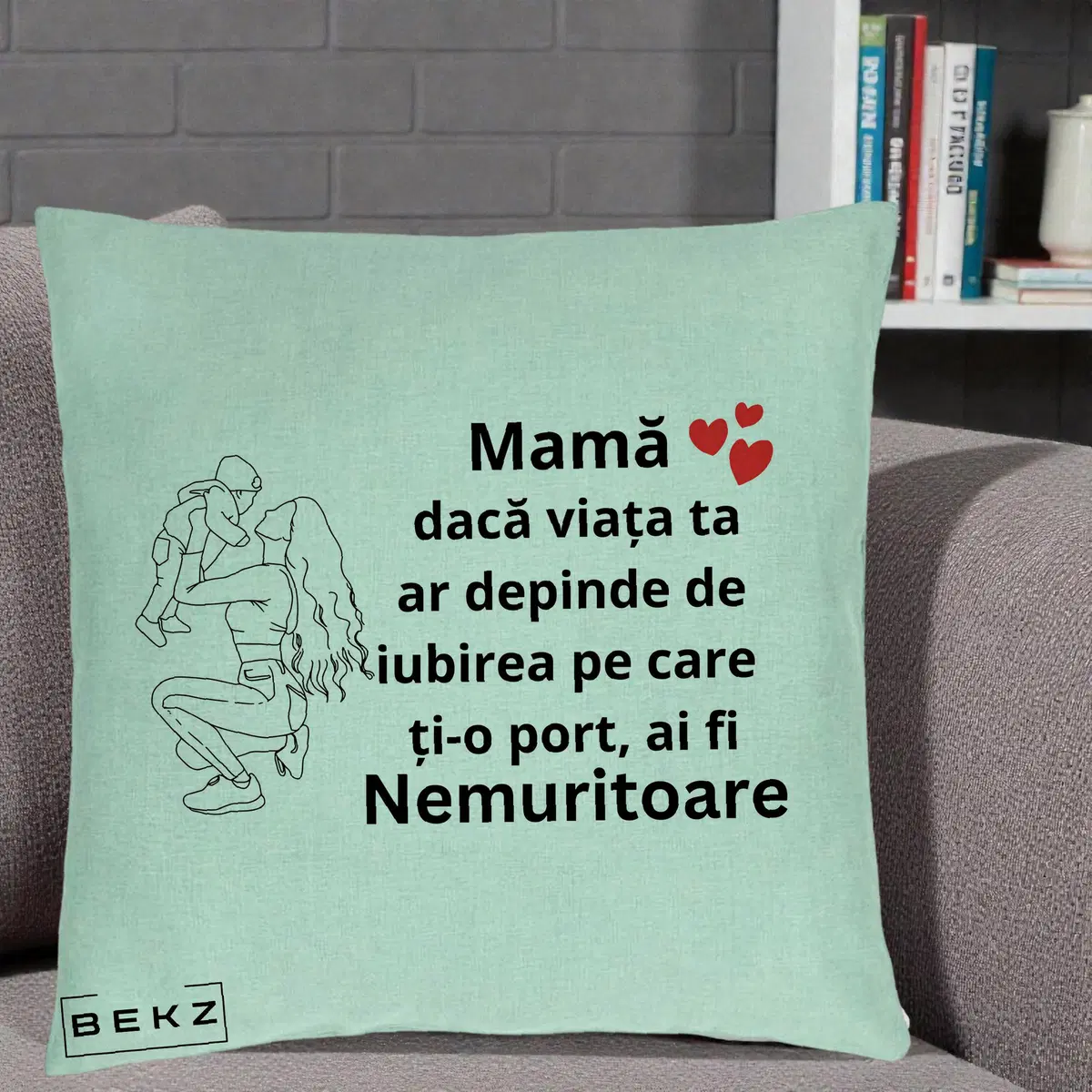 Perna Decorativa Mama Nemuritoare Portret Graphic, 40x40 cm, Verde Menta, Husa Detasabila, Perna, BEKZ®