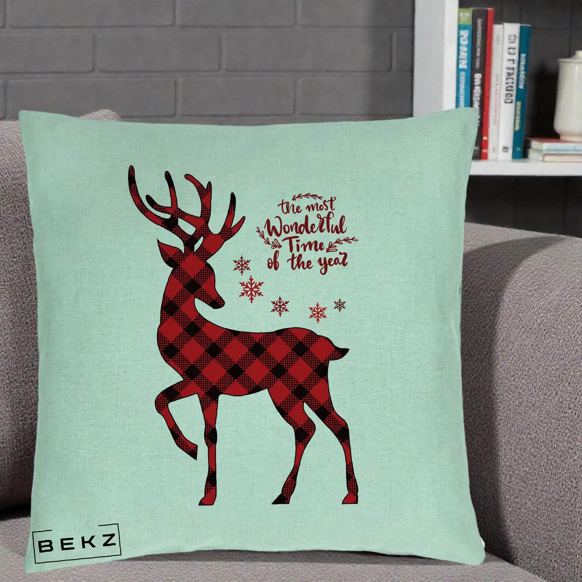 Perna Decorativa Ren Buffalo Plaid Craciun, 40x40 cm, Verde Menta, Husa Detasabila, Perna, BEKZ®