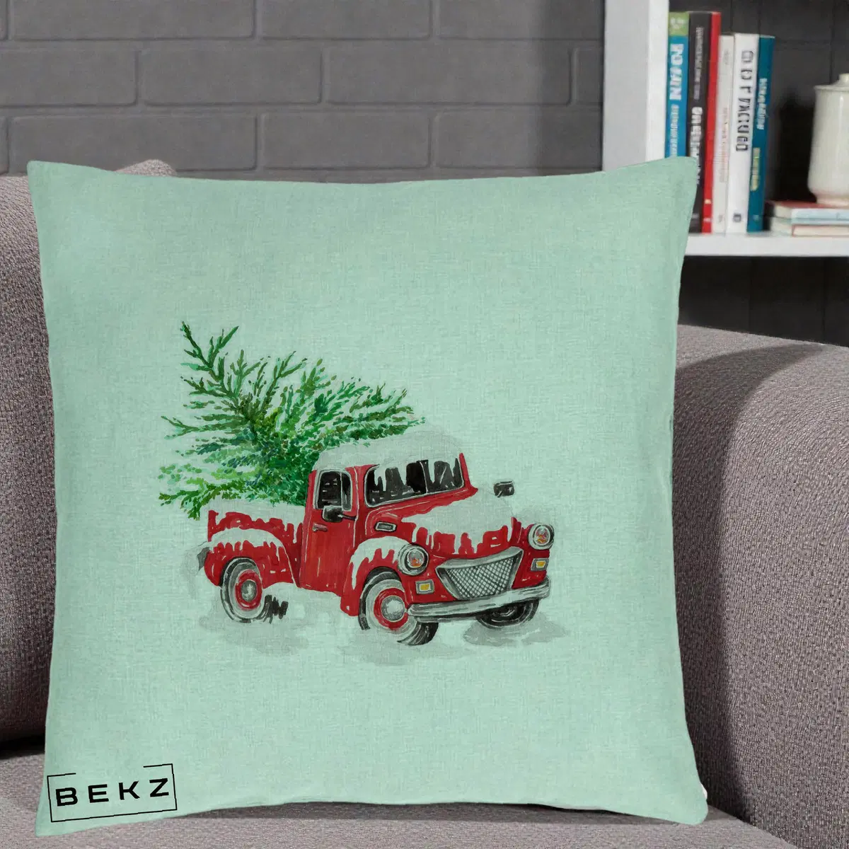 Perna Decorativa Camioneta Rosie Brad de Craciun, 40x40 cm, Verde Menta, Husa Detasabila, Perna, BEKZ®