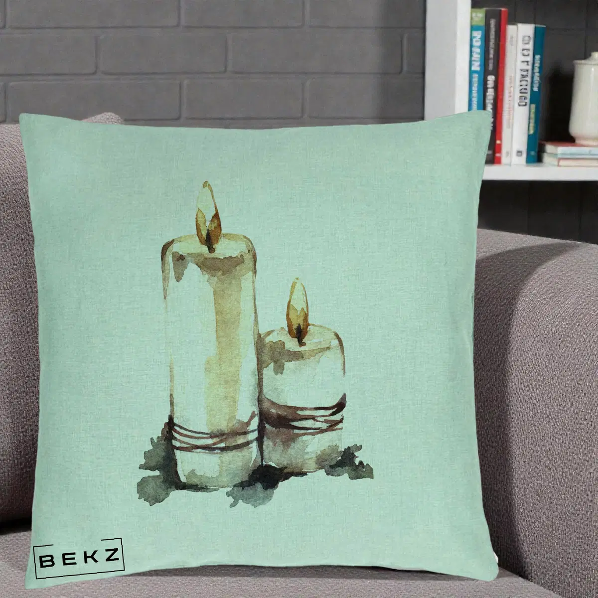Perna Decorativa Lumanari Acuarela Iarna, 40x40 cm, Verde Menta, Husa Detasabila, Perna, BEKZ®