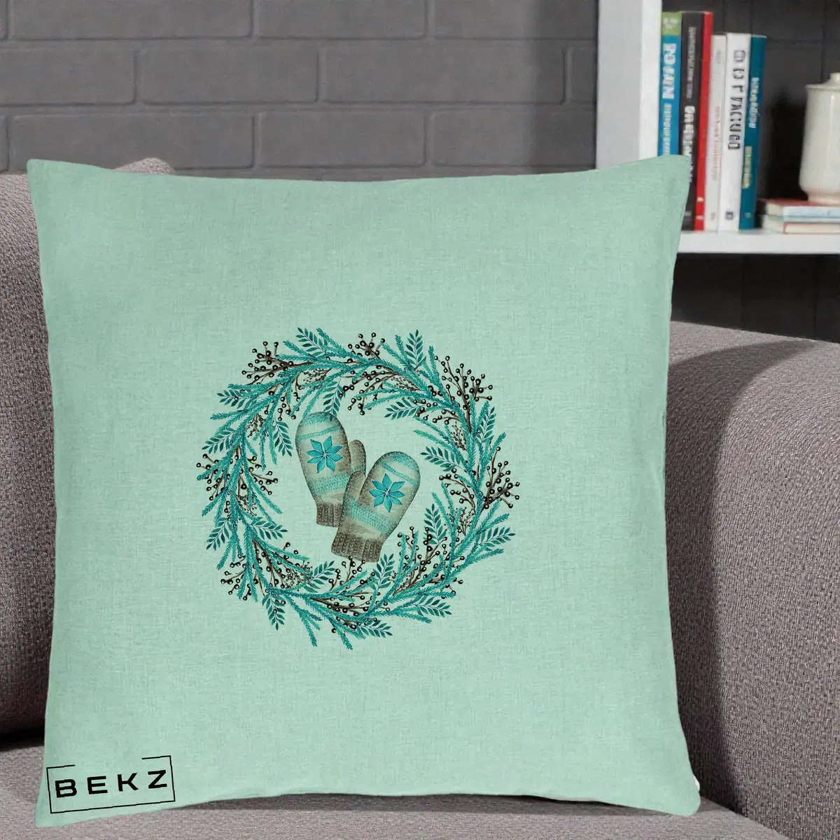Perna Decorativa Coroana Turcoaz cu Manusi, 40x40 cm, Verde Menta, Husa Detasabila, Perna, BEKZ®